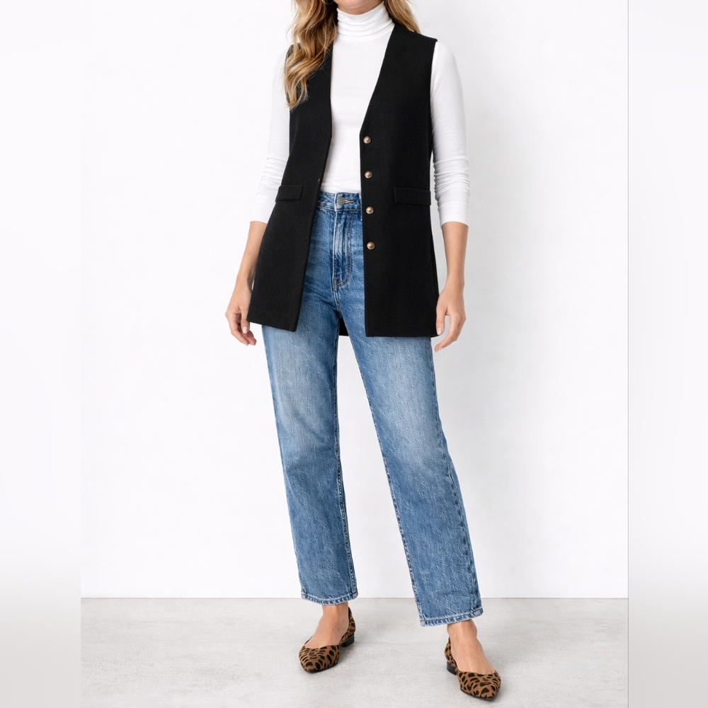 VINTAGE SAG HARBOR Tailored Button Front Wool Vest | 6P | Black | Minimalist